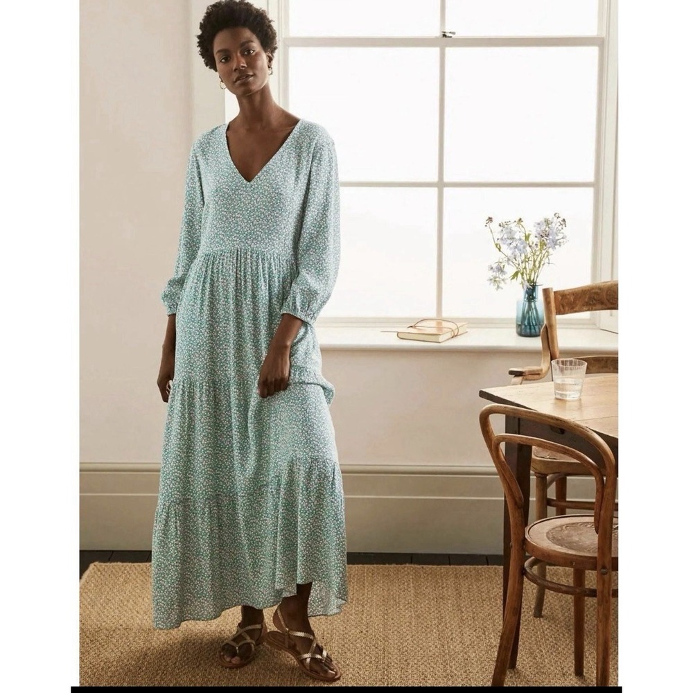 Boden Women Dress Size 14R Green Ditsy‎ Garden Floral V-neck Tiered Ruffle Maxi